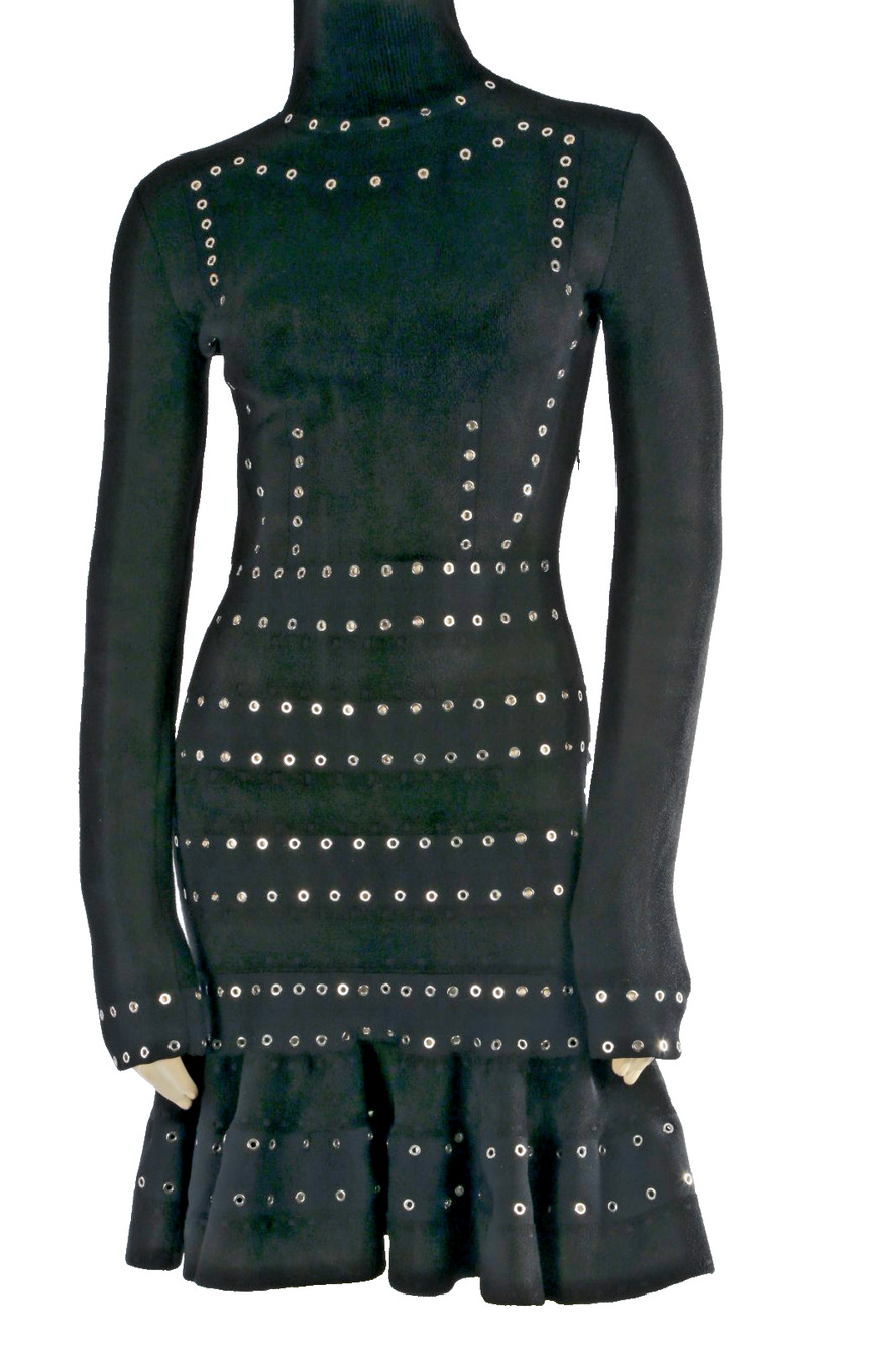 Alexander McQueen Black Knit Silver Eyelet Grommet Studded Sweater Dress XS $3k+